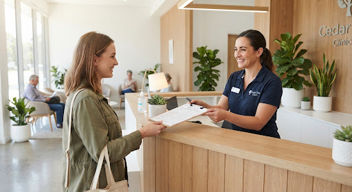 Front desk staff welcoming a client